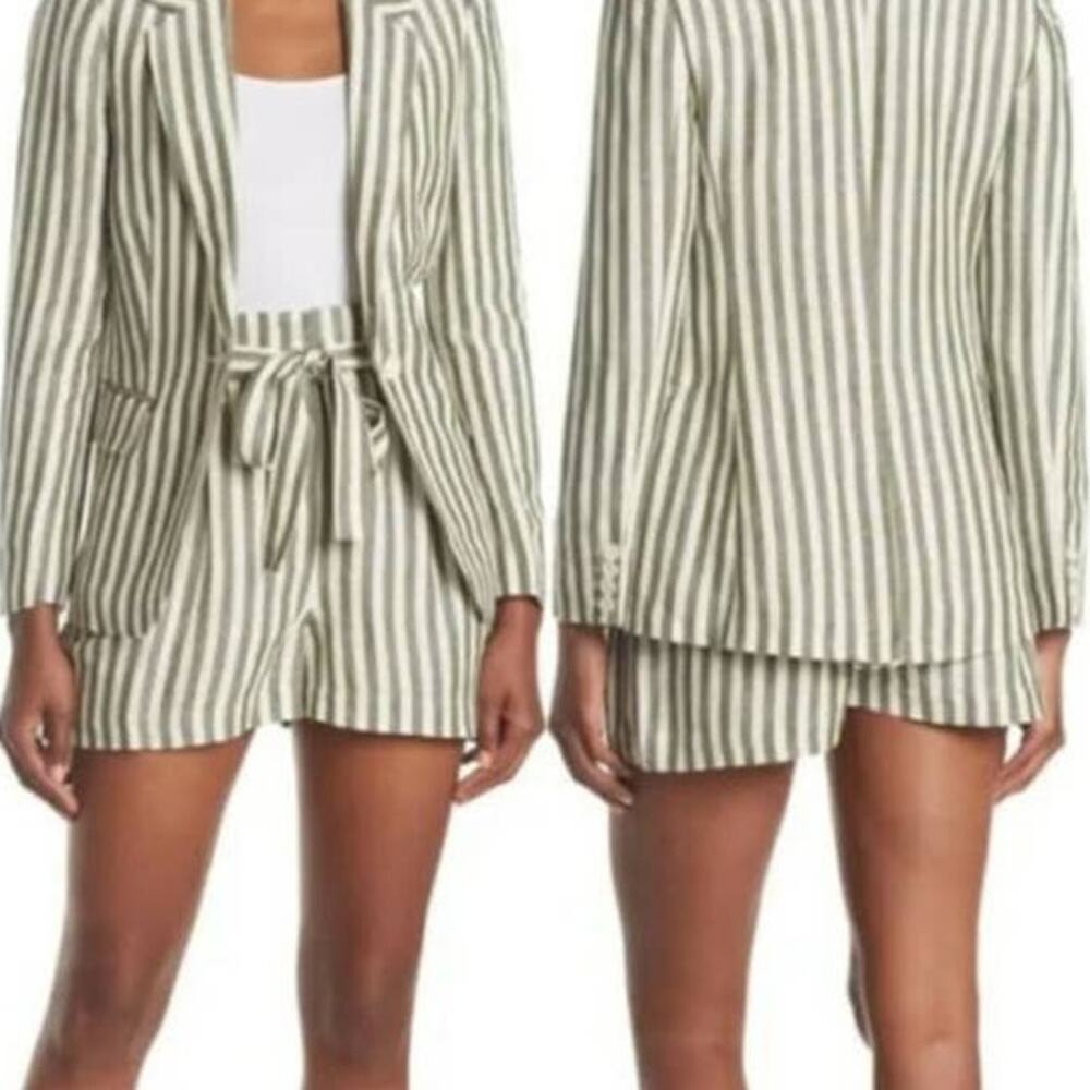 L’agence NWT Alex Striped Linen Blend Paperbag Shorts Olive Green Ivory Size 4